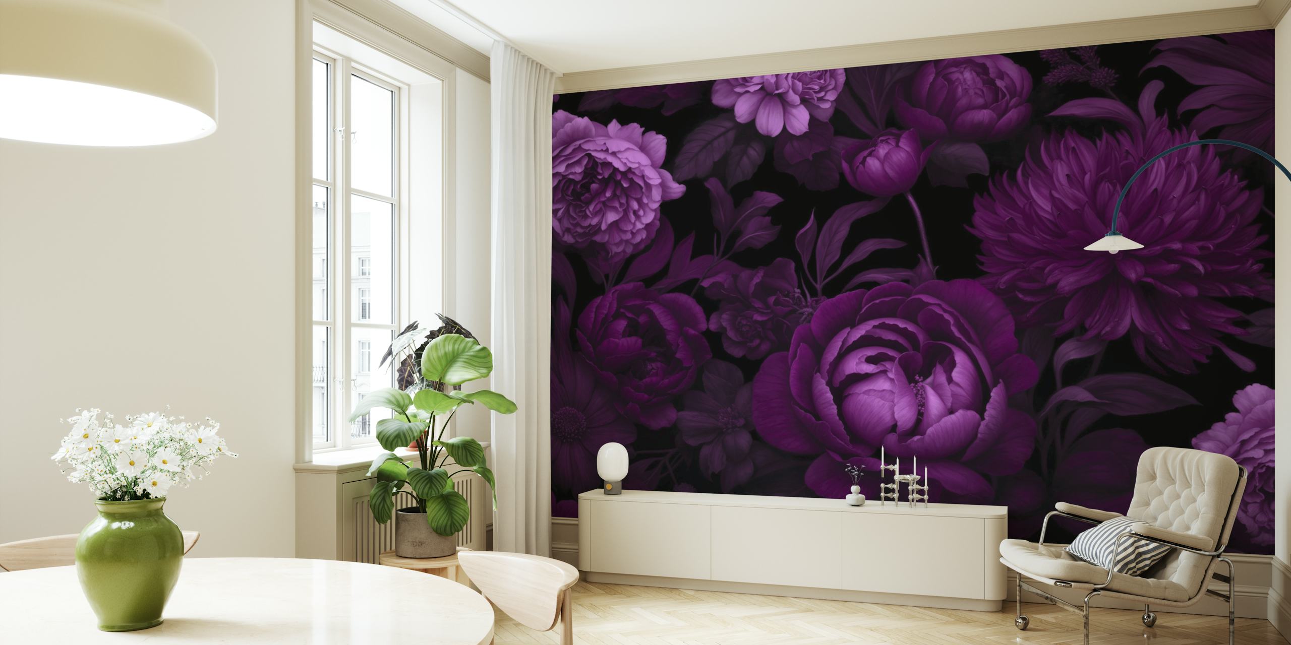 Purple floral patterns on a black background wallpaper